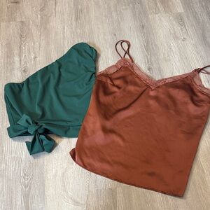 Abercrombie & Fitch Rust Satin Lace Trim Cami & Forest Green Tie-Back Tank Set